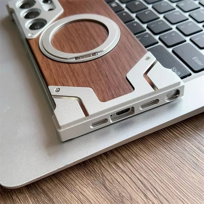 Wood & Metal Case - Walnut Borderless Armor with 360° Rotating Magnetic Bracket for Samsung Galaxy S25 Ultra