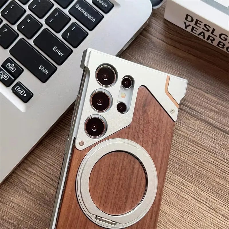Wood & Metal Case - Walnut Borderless Armor with 360° Rotating Magnetic Bracket for Samsung Galaxy S25 Ultra