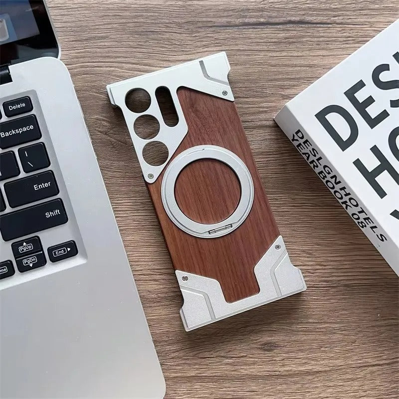 Wood & Metal Case - Walnut Borderless Armor with 360° Rotating Magnetic Bracket for Samsung Galaxy S25 Ultra
