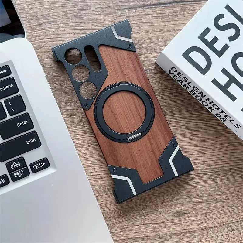Wood & Metal Case - Walnut Borderless Armor with 360° Rotating Magnetic Bracket for Samsung Galaxy S25 Ultra