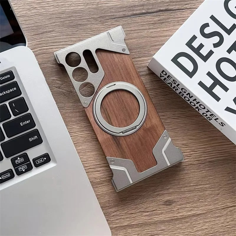 Wood & Metal Case - Walnut Borderless Armor with 360° Rotating Magnetic Bracket for Samsung Galaxy S25 Ultra