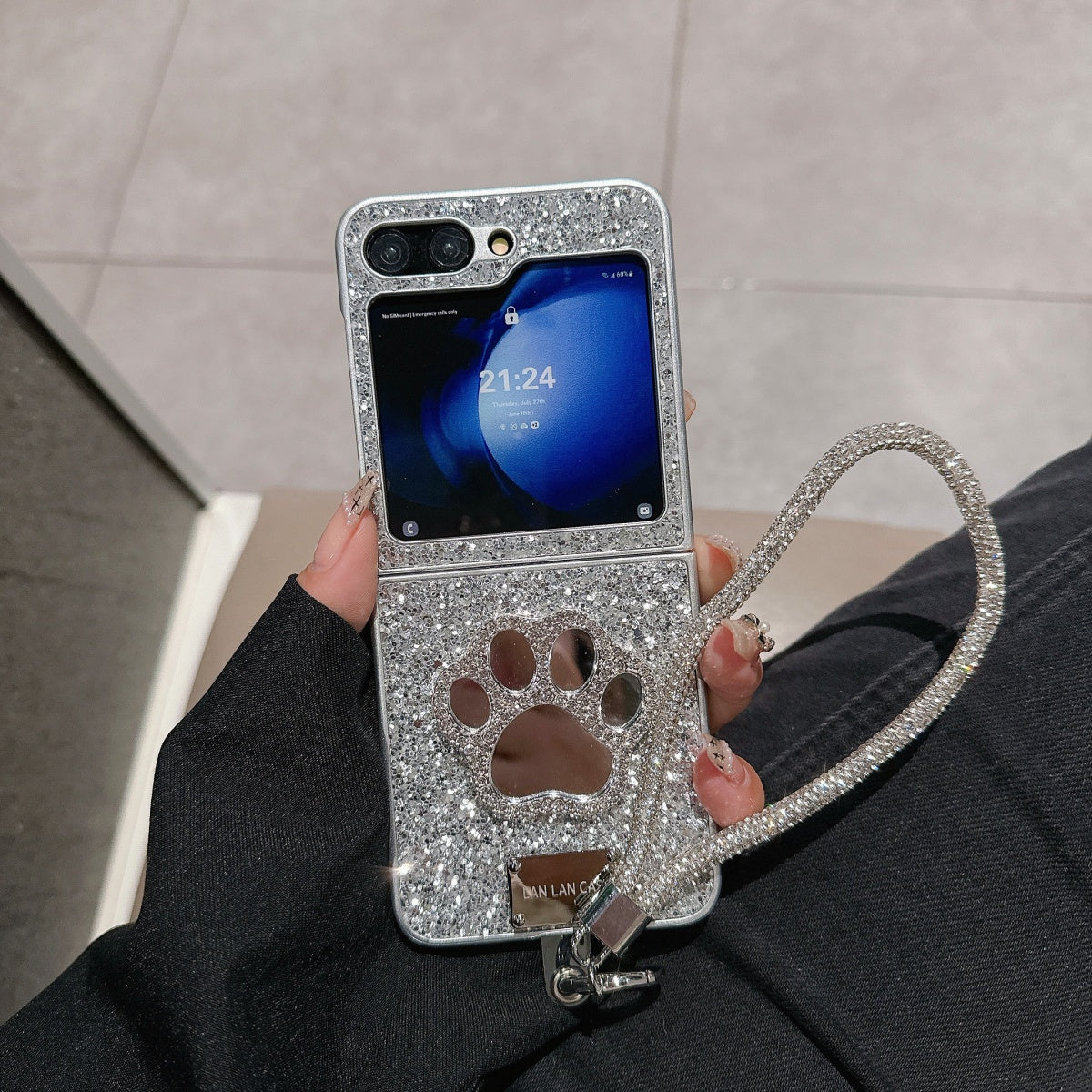 Luxury Silver Glitter Mirror Case with Lanyard for Galaxy Z Flip Series