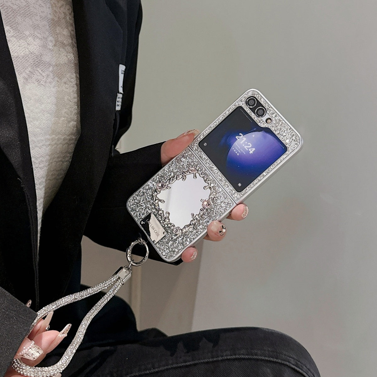 Luxury Silver Glitter Mirror Case with Lanyard for Galaxy Z Flip Series