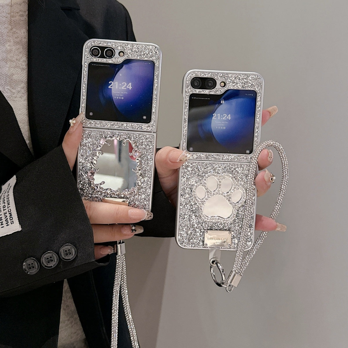 Luxury Silver Glitter Mirror Case with Lanyard for Galaxy Z Flip Series