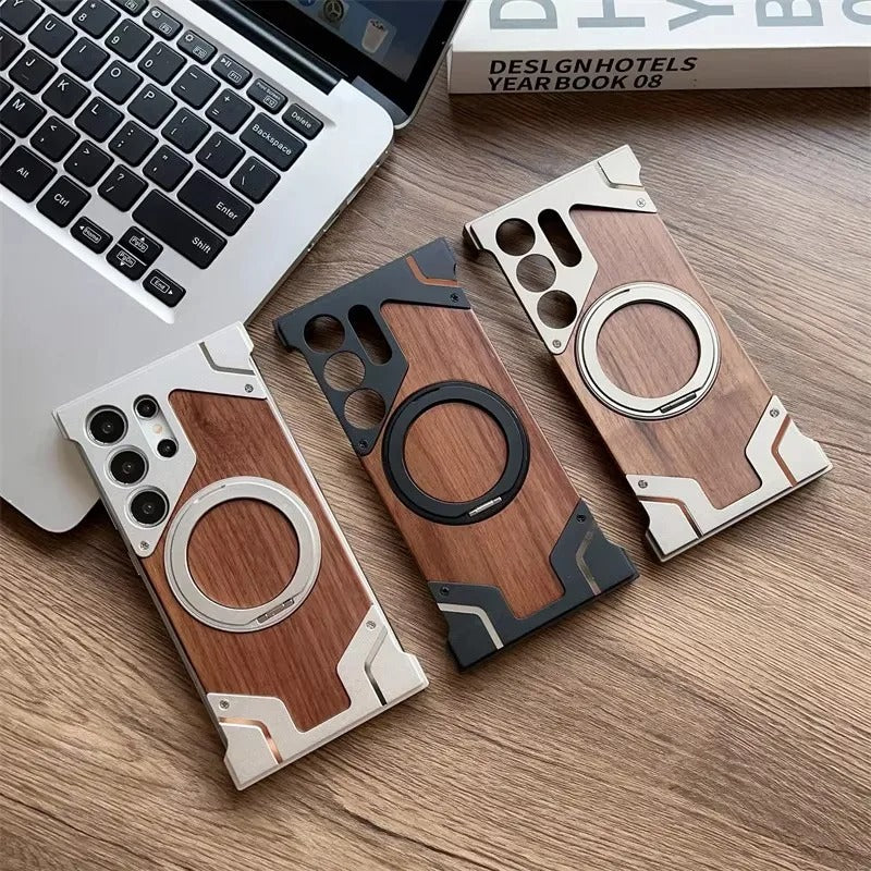 Wood & Metal Case - Walnut Borderless Armor with 360° Rotating Magnetic Bracket for Samsung Galaxy S25 Ultra