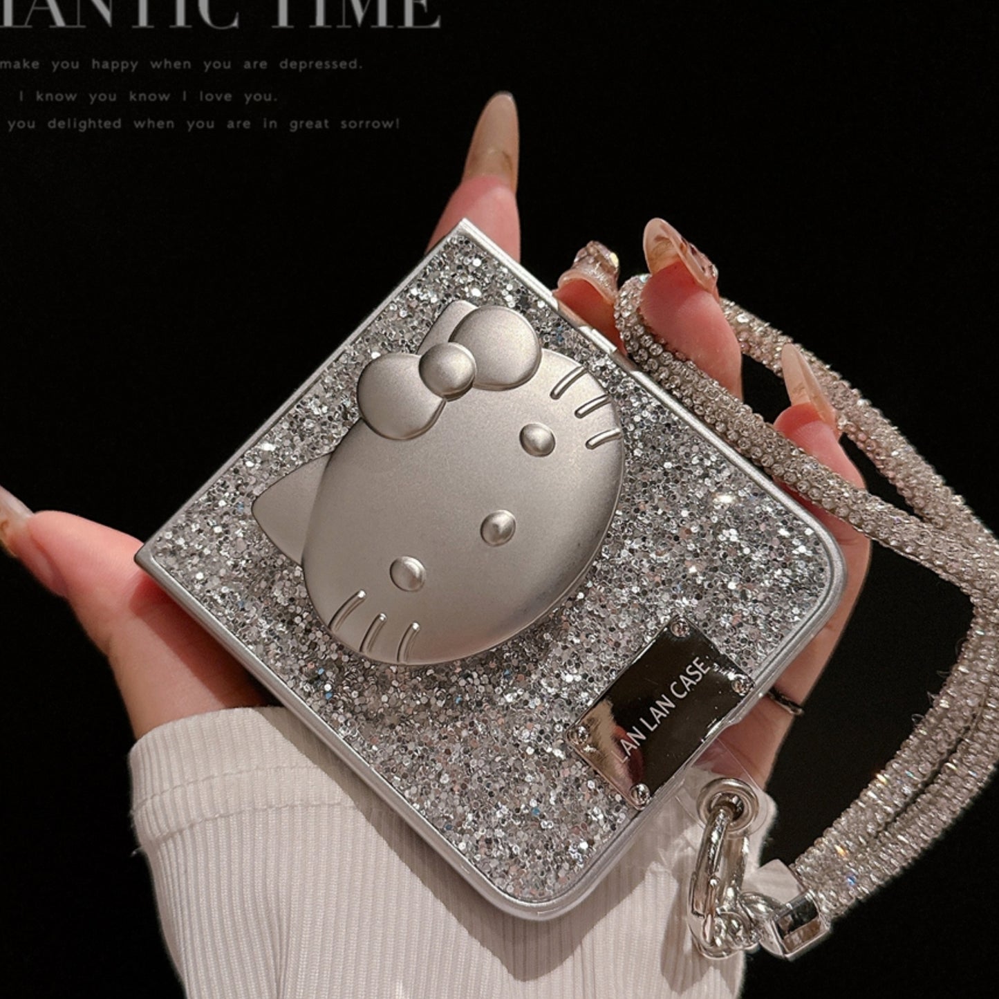 Silver glitter with cat stand and Chain case For Z Flip