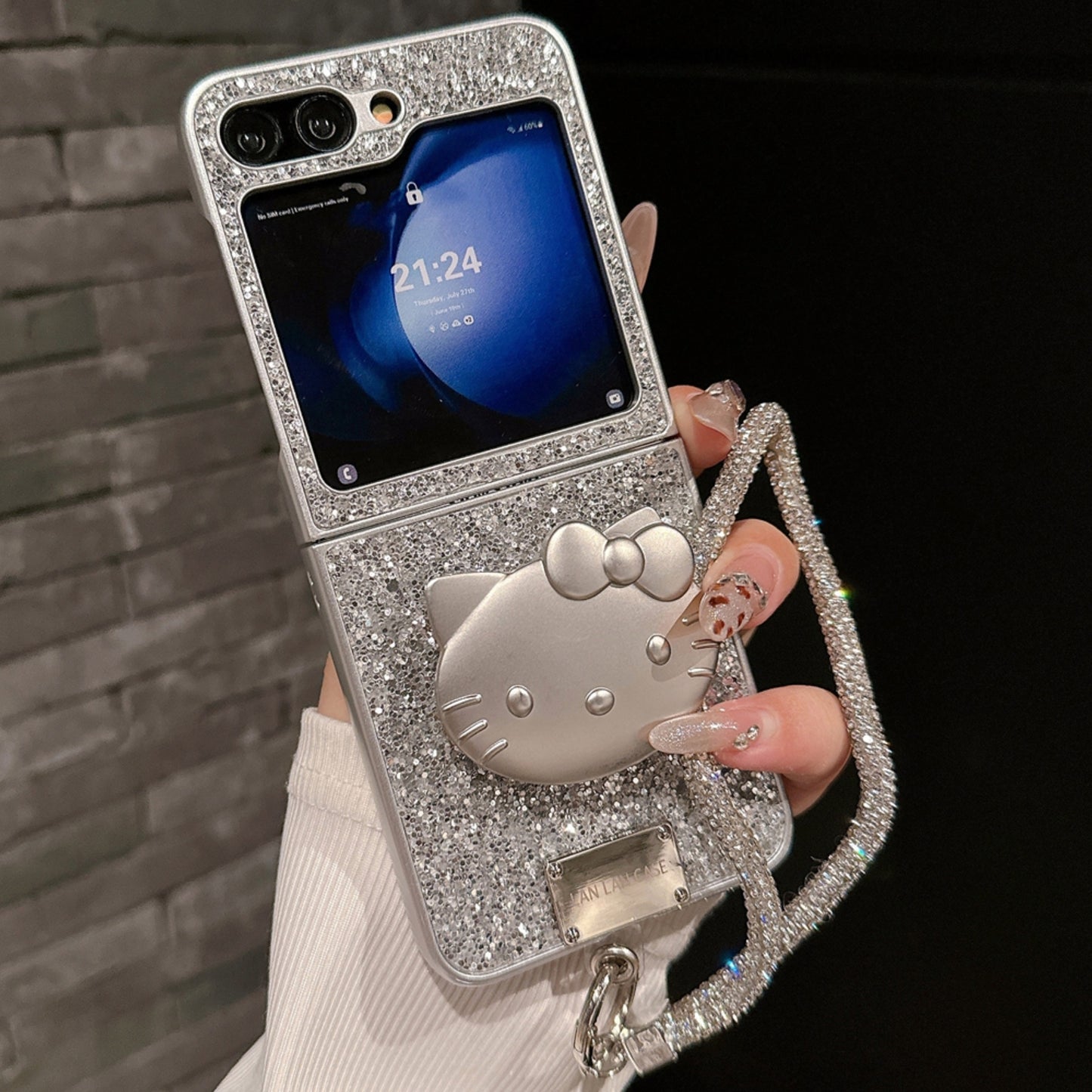 Silver glitter with cat stand and Chain case For Z Flip