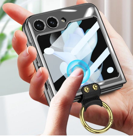 Luxury Plating Transparent Phone Case for Samsung Galaxy Z Flip 5 with Ring Holder and Glass Protector