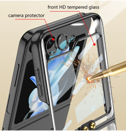 Luxury Plating Transparent Phone Case for Samsung Galaxy Z Flip 5 with Ring Holder and Glass Protector