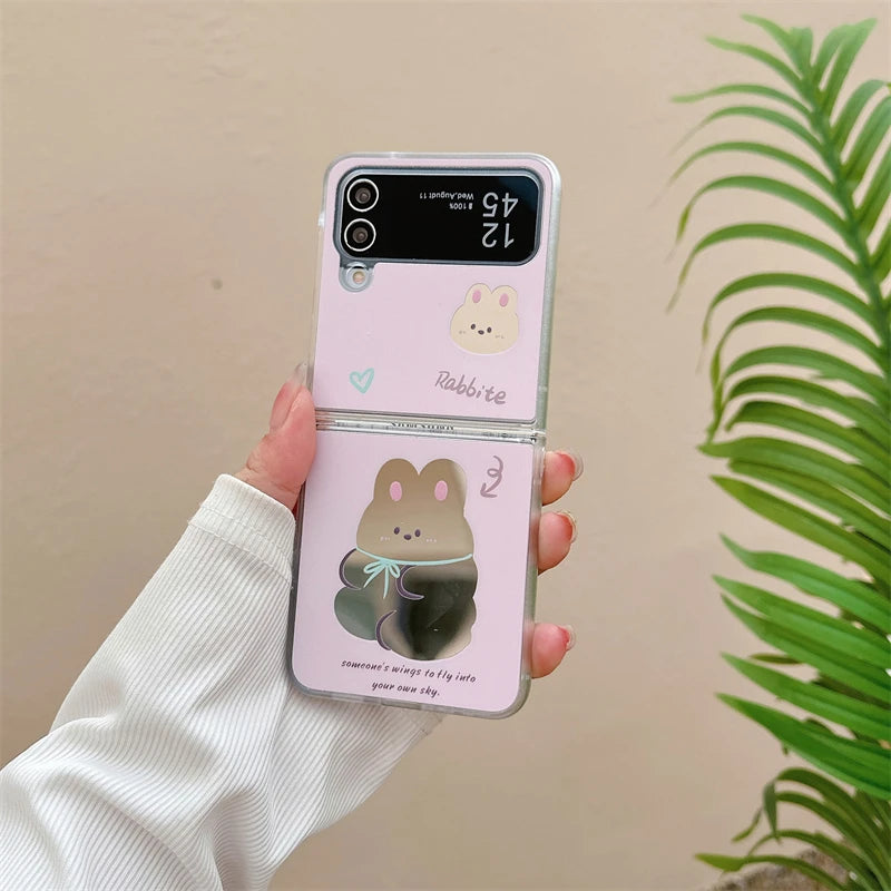 Cute Cartoon Bear and Rabbit Bracelet Case with Mirror for Samsung Galaxy Z Flip