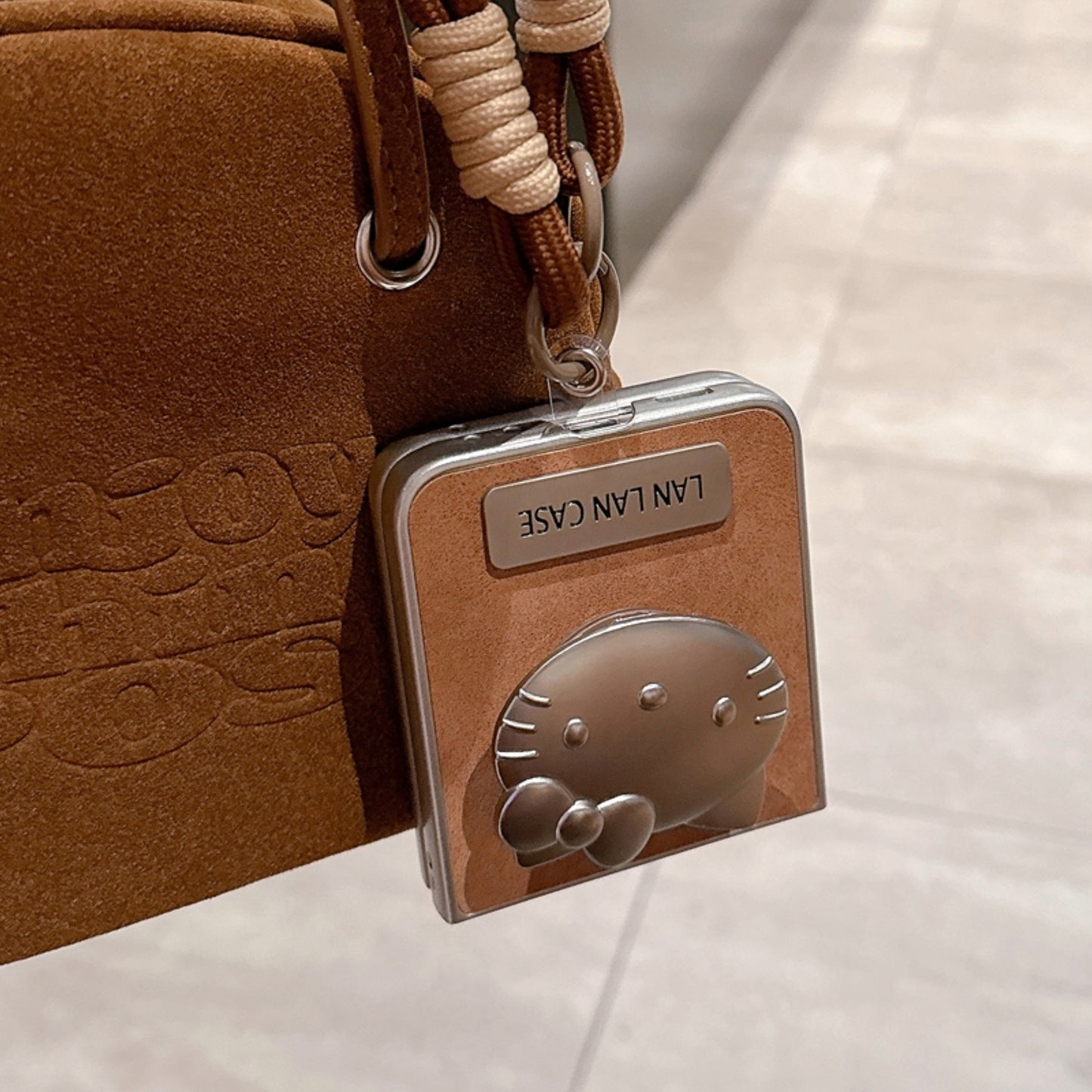 Brown Leather Case with Silver Cat Bracket and Lanyard for Galaxy Z Flip