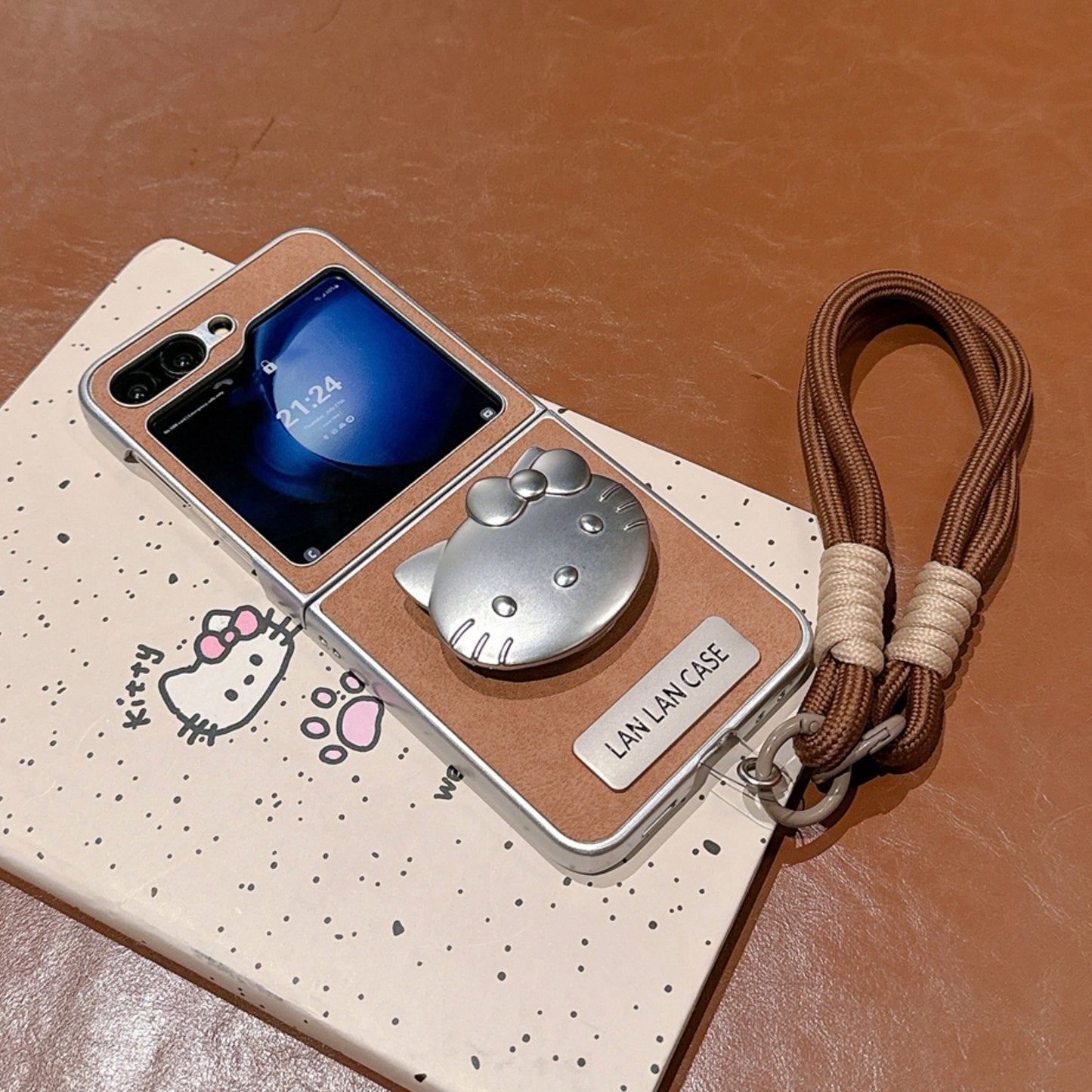 Brown Leather Case with Silver Cat Bracket and Lanyard for Galaxy Z Flip