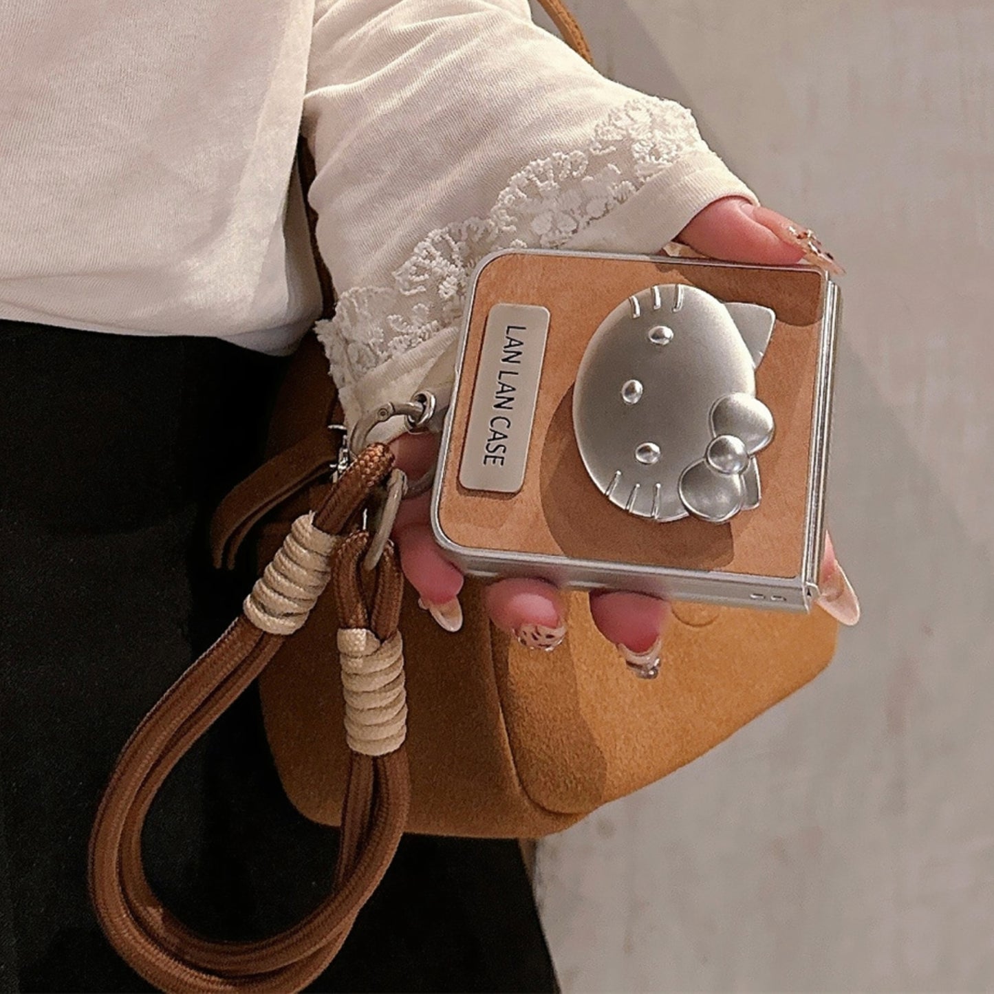 Brown Leather Case with Silver Cat Bracket and Lanyard for Galaxy Z Flip