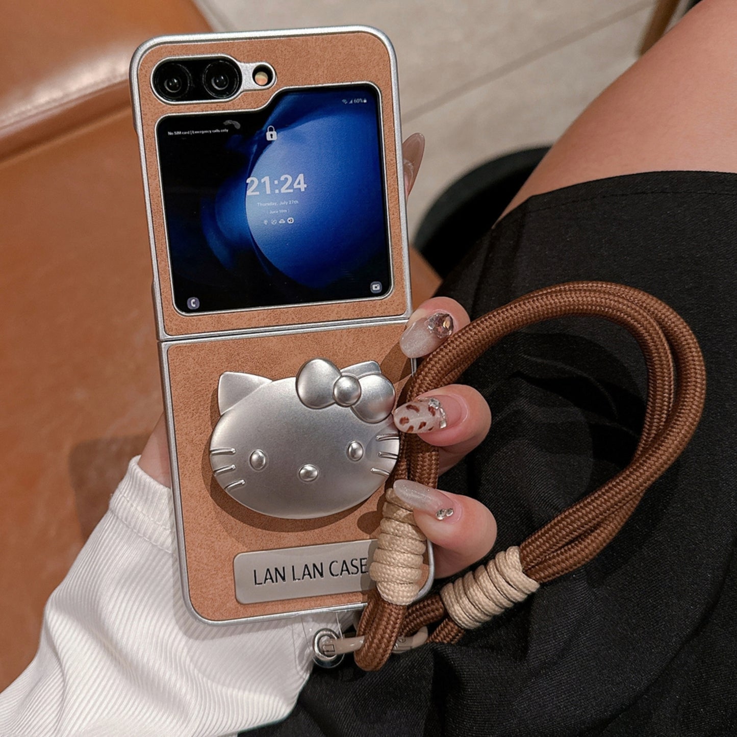 Brown Leather Case with Silver Cat Bracket and Lanyard for Galaxy Z Flip