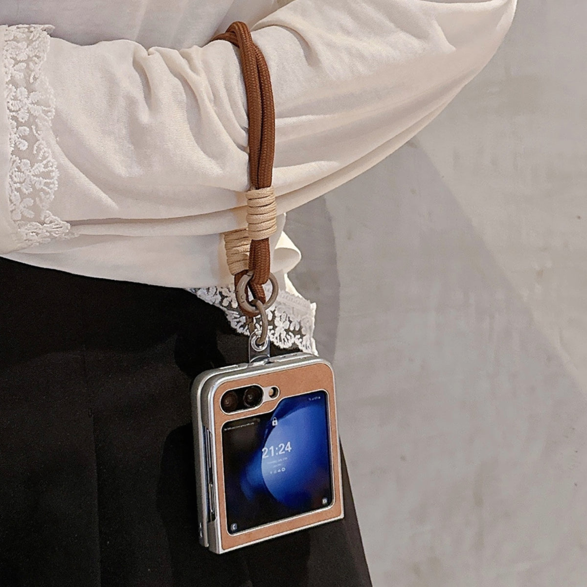 Brown Leather Case with Silver Cat Bracket and Lanyard for Galaxy Z Flip