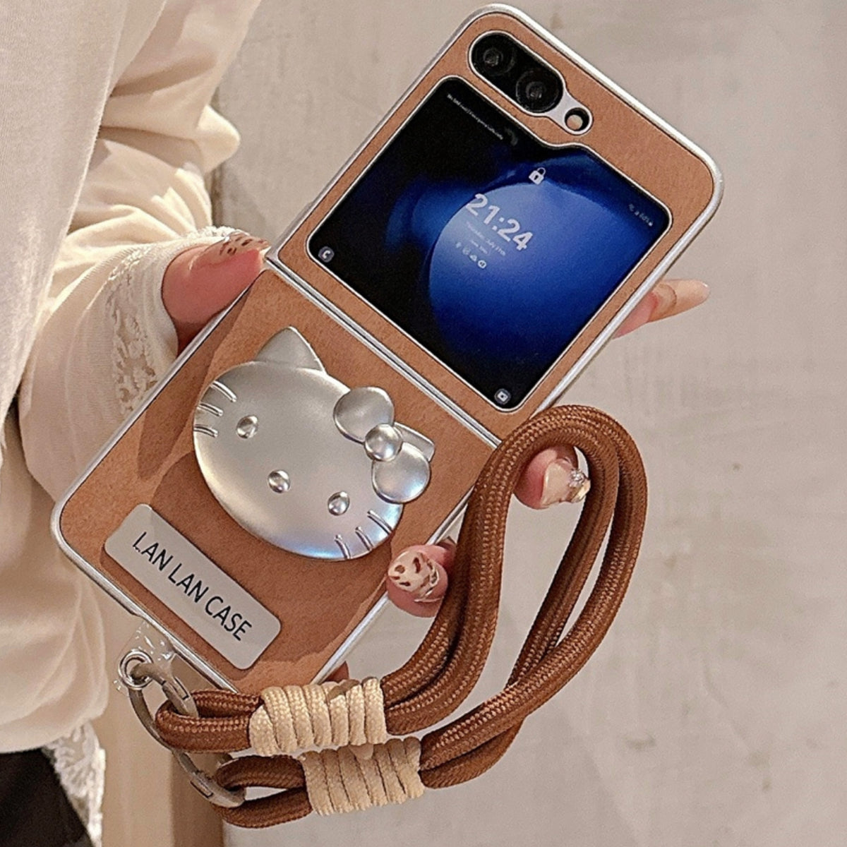 Brown Leather Case with Silver Cat Bracket and Lanyard for Galaxy Z Flip