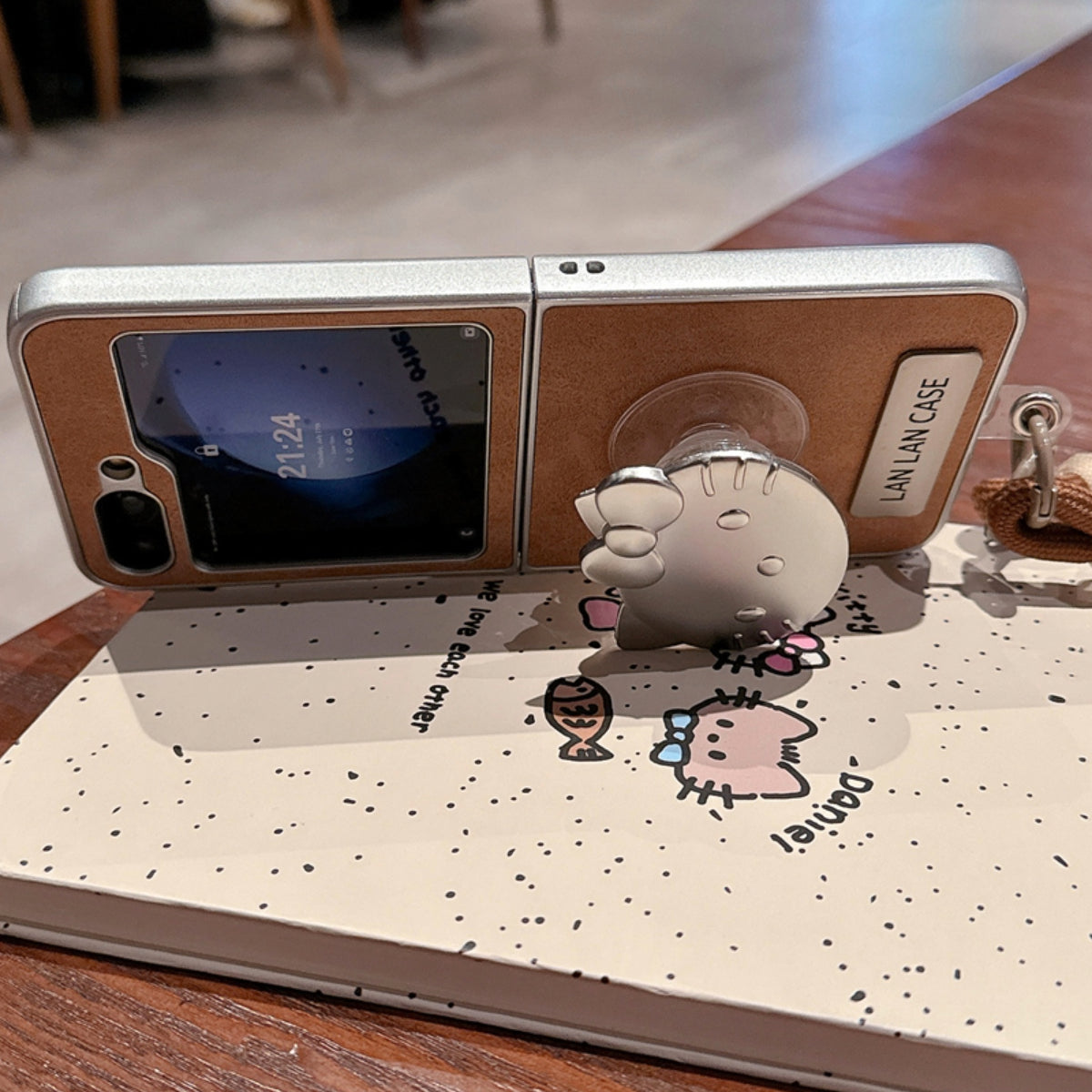 Brown Leather Case with Silver Cat Bracket and Lanyard for Galaxy Z Flip