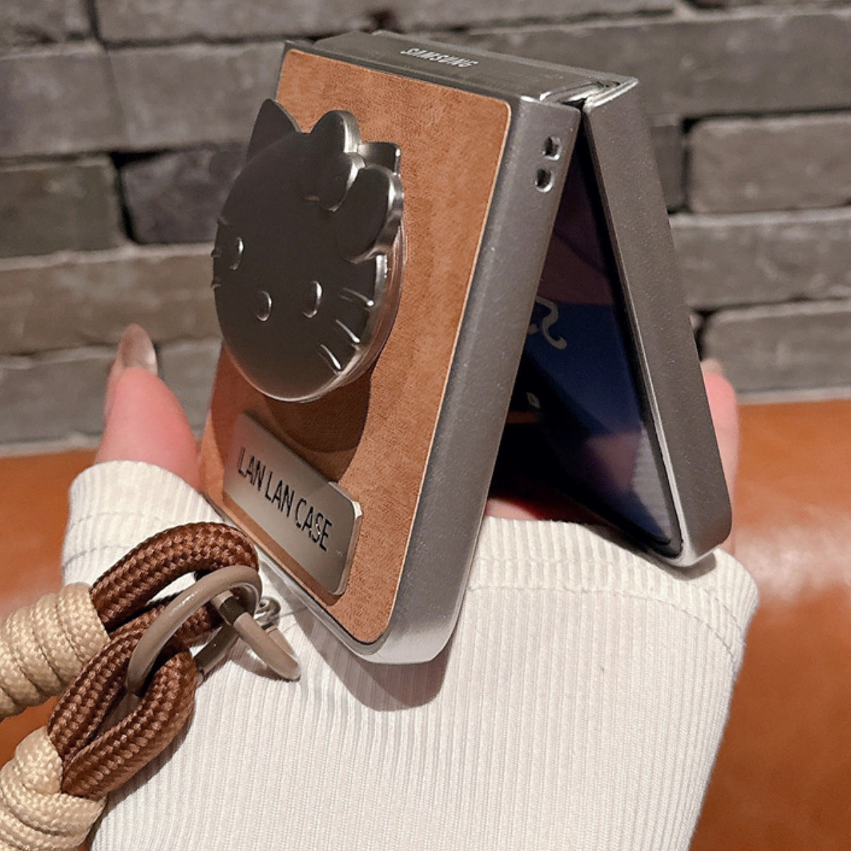 Brown Leather Case with Silver Cat Bracket and Lanyard for Galaxy Z Flip