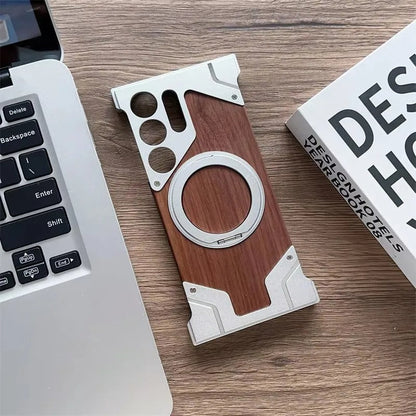 Wood & Metal Case - Walnut Borderless Armor with 360° Rotating Magnetic Bracket for  Samsung Galaxy S25 Ultra