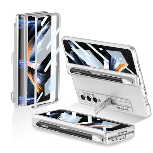 Pen Slot Case for Samsung Galaxy Z Fold 4 with Kickstand and Screen Protective Glass