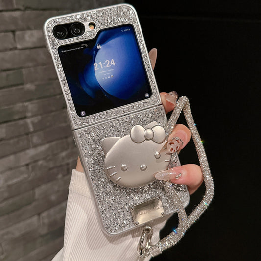 Silver glitter with cat stand  and Chain case For Z Flip