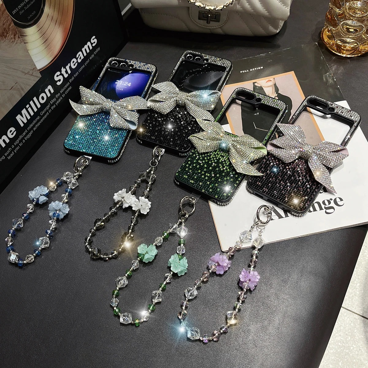 Luxury Crystal Flower Bow Diamond Wrist Chain Case for Samsung Galaxy Z Flip.