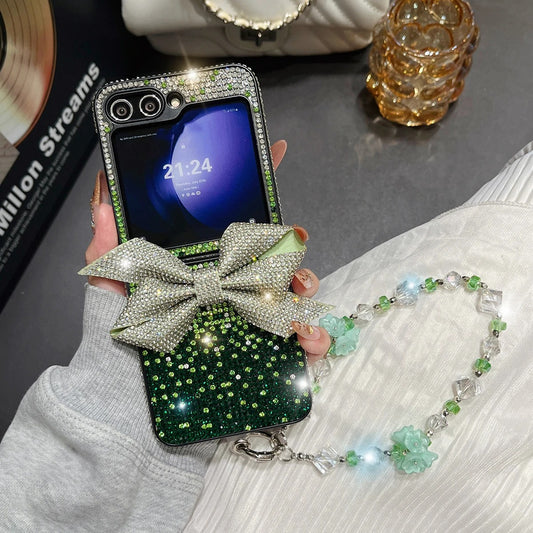 Luxury Crystal Flower Bow Diamond Wrist Chain Case for Samsung Galaxy Z Flip.
