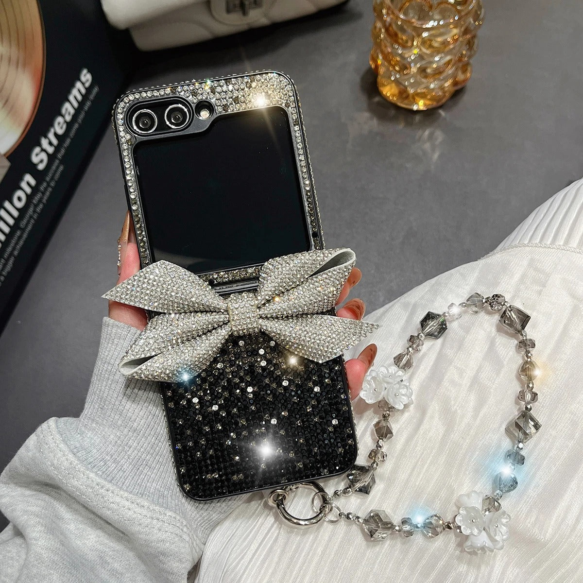 Luxury Crystal Flower Bow Diamond Wrist Chain Case for Samsung Galaxy Z Flip.