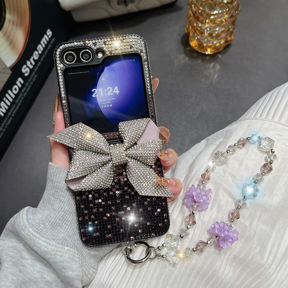 Luxury Crystal Flower Bow Diamond Wrist Chain Case for Samsung Galaxy Z Flip.