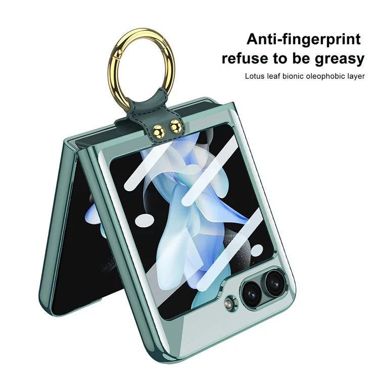 Luxury Plating Transparent Phone Case for Samsung Galaxy Z Flip 5 with Ring Holder and Glass Protector