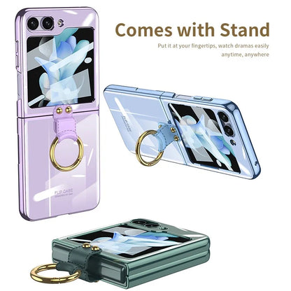 Luxury Plating Transparent Phone Case for Samsung Galaxy Z Flip 5 with Ring Holder and Glass Protector