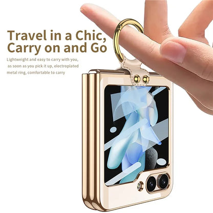 Luxury Plating Transparent Phone Case for Samsung Galaxy Z Flip 5 with Ring Holder and Glass Protector