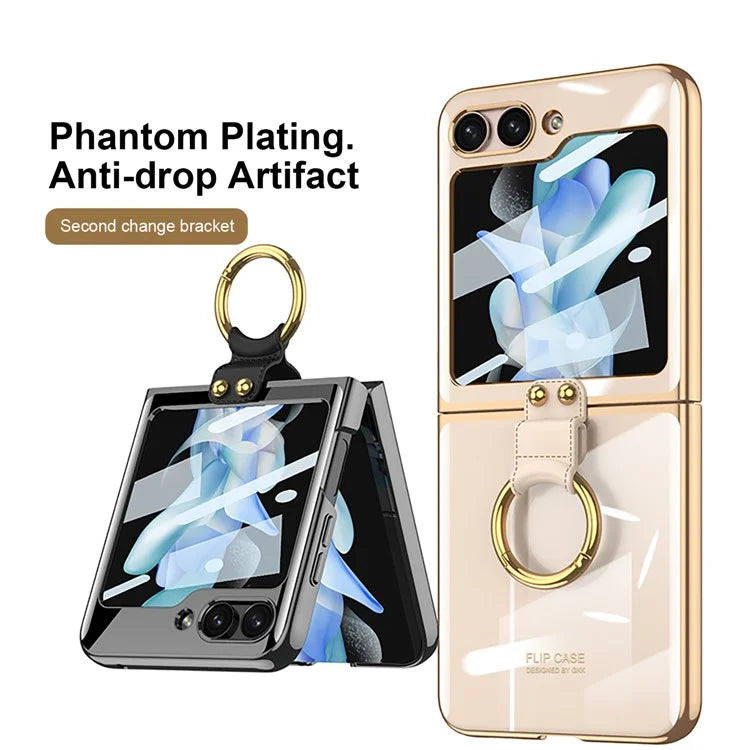 Luxury Plating Transparent Phone Case for Samsung Galaxy Z Flip 5 with Ring Holder and Glass Protector