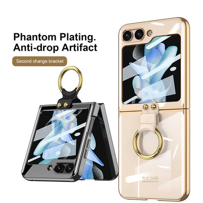Luxury Plating Transparent Phone Case for Samsung Galaxy Z Flip 5 with Ring Holder and Glass Protector