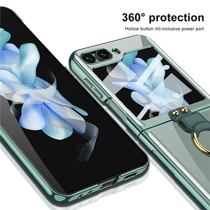 Luxury Plating Transparent Phone Case for Samsung Galaxy Z Flip 5 with Ring Holder and Glass Protector