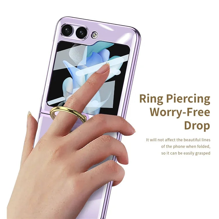 Luxury Plating Transparent Phone Case for Samsung Galaxy Z Flip 5 with Ring Holder and Glass Protector