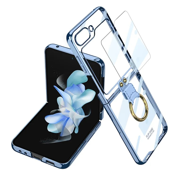 Luxury Plating Transparent Phone Case for Samsung Galaxy Z Flip 5 with Ring Holder and Glass Protector