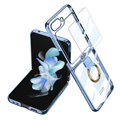 Luxury Plating Transparent Phone Case for Samsung Galaxy Z Flip 5 with Ring Holder and Glass Protector