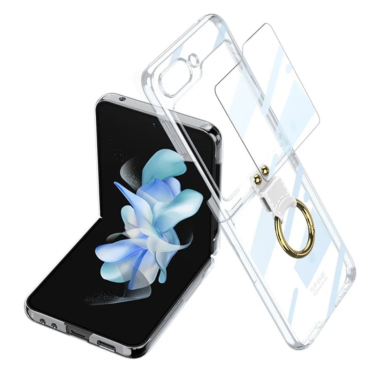 Luxury Plating Transparent Phone Case for Samsung Galaxy Z Flip 5 with Ring Holder and Glass Protector