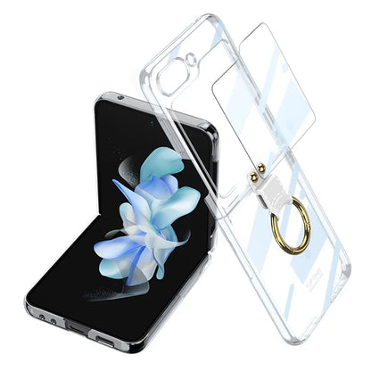 Luxury Plating Transparent Phone Case for Samsung Galaxy Z Flip 5 with Ring Holder and Glass Protector
