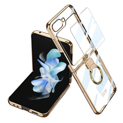 Luxury Plating Transparent Phone Case for Samsung Galaxy Z Flip 5 with Ring Holder and Glass Protector