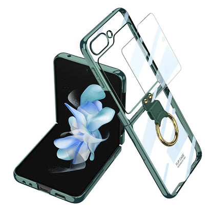 Luxury Plating Transparent Phone Case for Samsung Galaxy Z Flip 5 with Ring Holder and Glass Protector