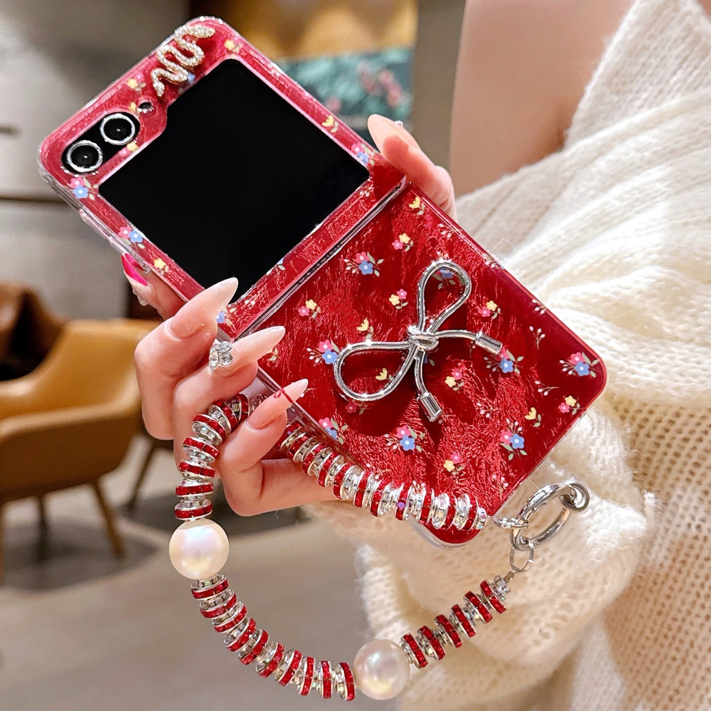 Red Snake & Floral Case with Chain for  Galaxy Z Flip