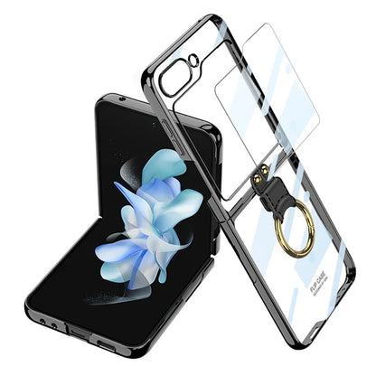 Luxury Plating Transparent Phone Case for Samsung Galaxy Z Flip 5 with Ring Holder and Glass Protector