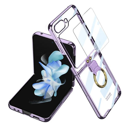 Luxury Plating Transparent Phone Case for Samsung Galaxy Z Flip 5 with Ring Holder and Glass Protector
