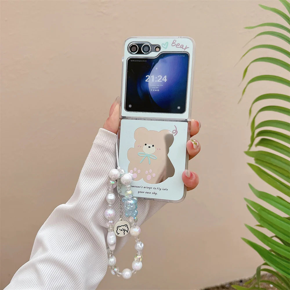 Cute Cartoon Bear and Rabbit Bracelet Case with Mirror for Samsung Galaxy Z Flip