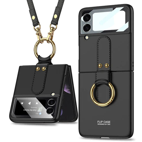 Original Back Screen Glass Matte Hard Cover With Finger-Ring And Lanyard For Samsung Z Flip3 5G