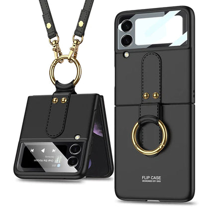 Original Back Screen Glass Matte Hard Cover With Finger-Ring And Lanyard For Samsung Z Flip3 5G