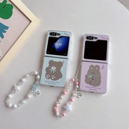 Cute Cartoon Bear and Rabbit Bracelet Case with Mirror for Samsung Galaxy Z Flip