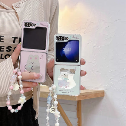 Cute Cartoon Bear and Rabbit Bracelet Case with Mirror for Samsung Galaxy Z Flip